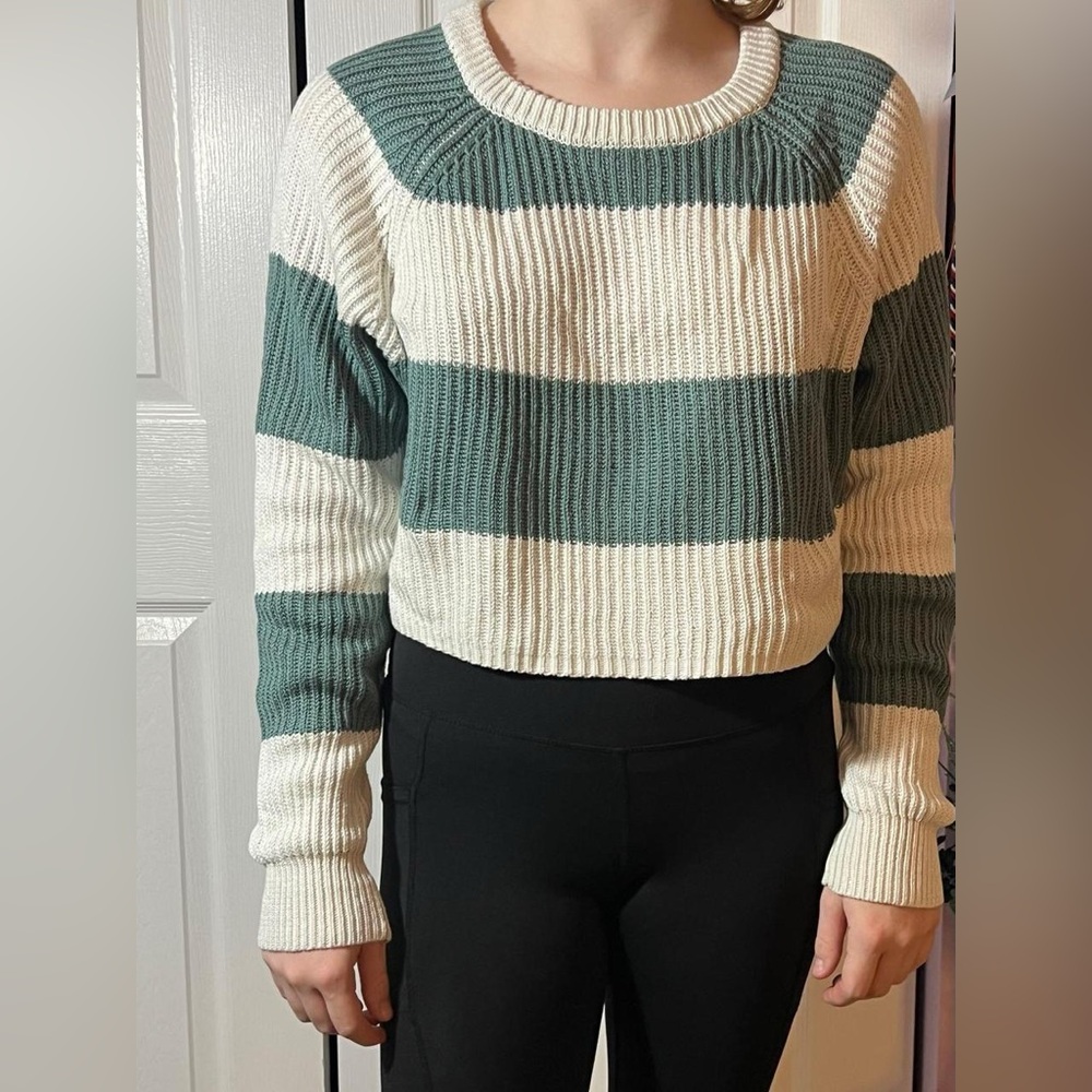 Forever 21 Cream and Sage Striped Ribbed Crewneck Sweater